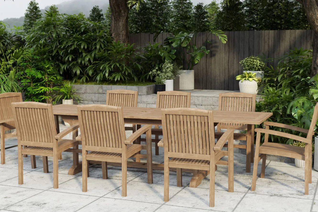 OUTFLEXX Ontario/Washington Garten-Essgruppe, natur, Teak, 195/295 x 90 cm, 8x Stapelsessel