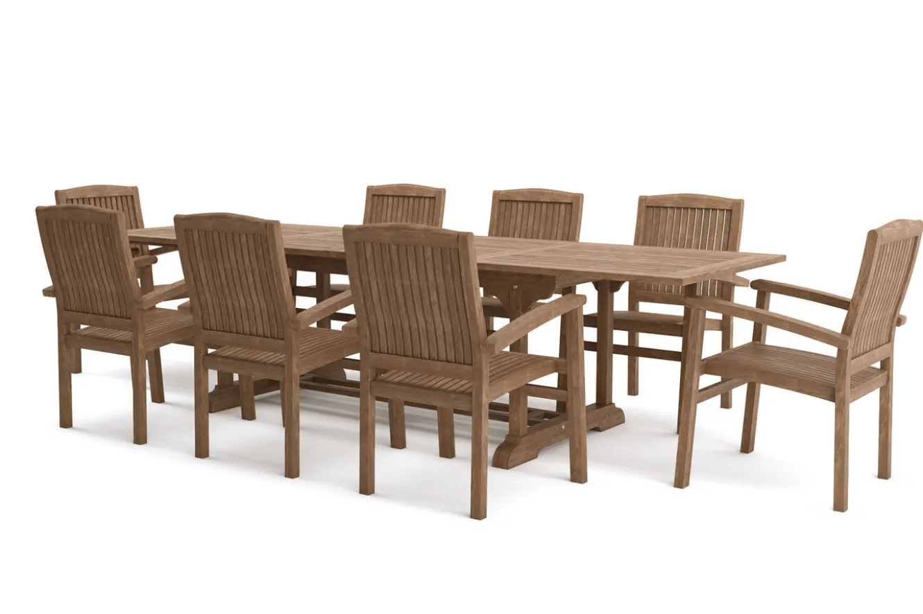 OUTFLEXX Ontario/Washington Garten-Essgruppe, natur, Teak, 195/295 x 90 cm, 8x Stapelsessel