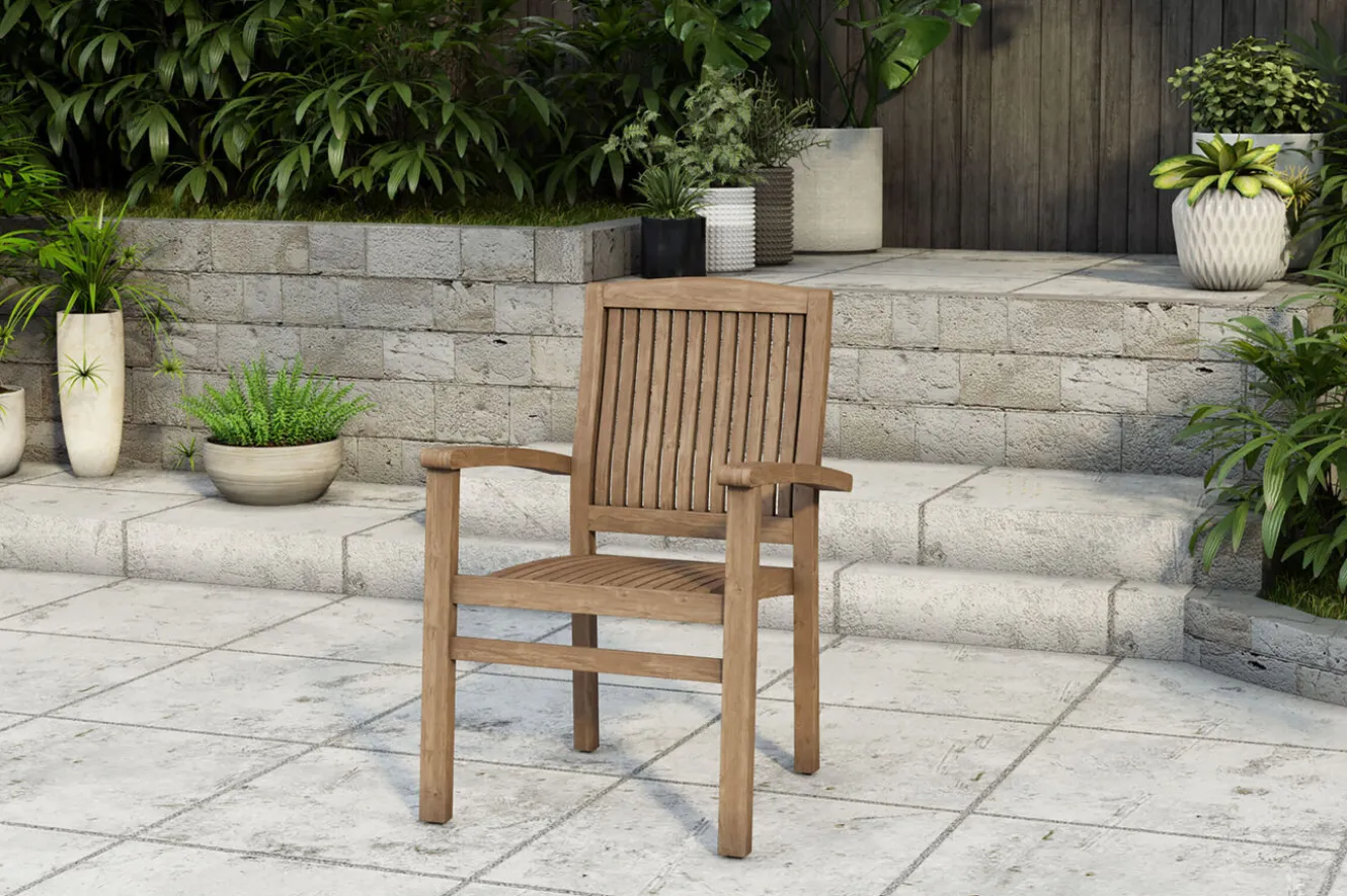 OUTFLEXX Ontario/Washington Garten-Essgruppe, natur, Teak, 195/295 x 90 cm, 6x Stapelsessel