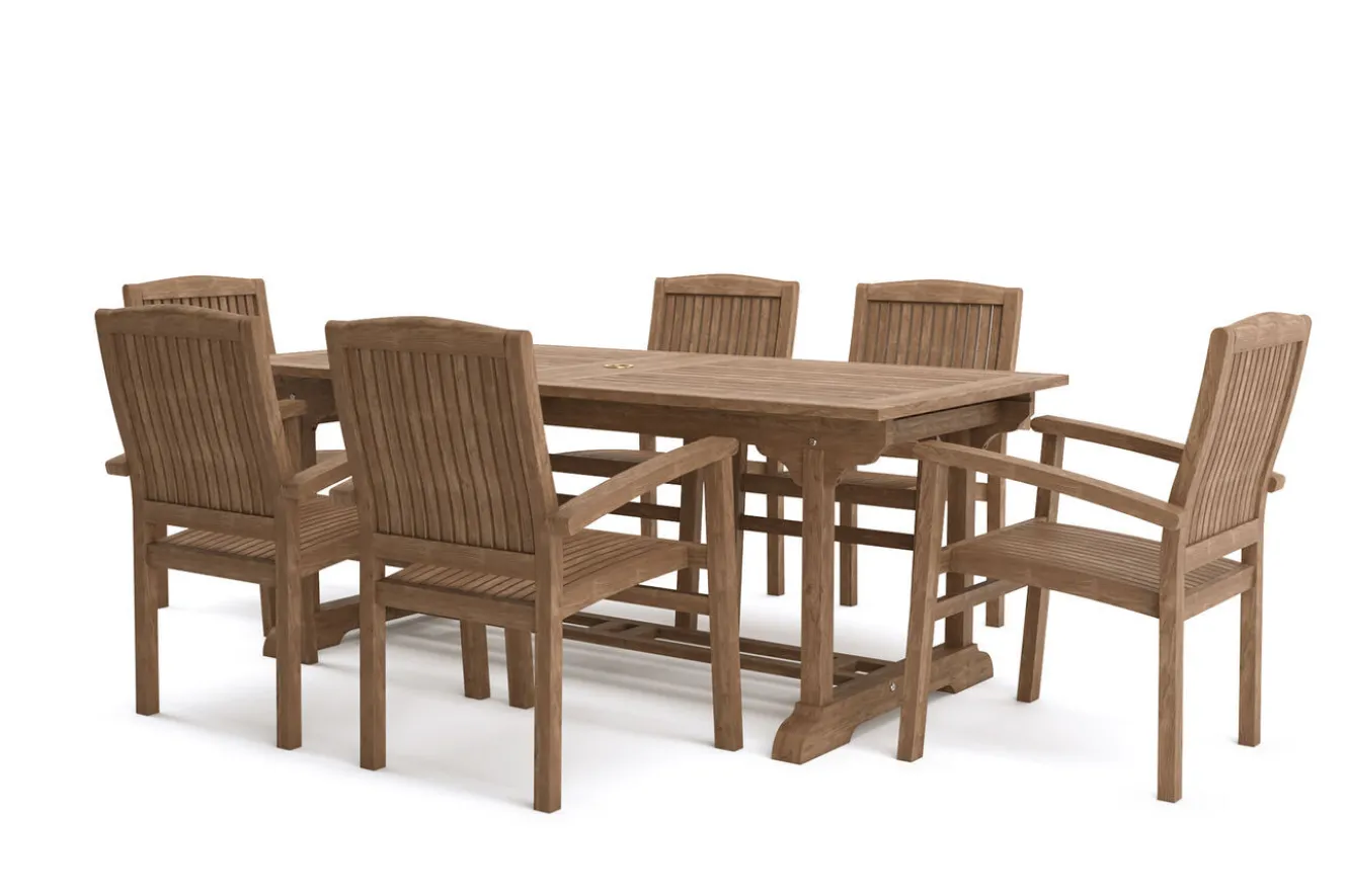 OUTFLEXX Ontario/Washington Garten-Essgruppe, natur, Teak, 195/295 x 90 cm, 6x Stapelsessel