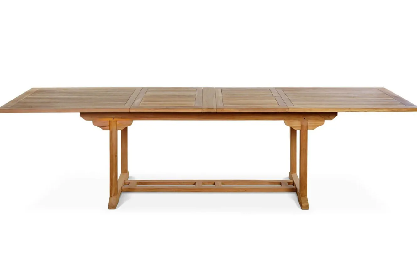 OUTFLEXX Ontario/Washington Garten-Essgruppe, natur, Teak, 195/295 x 90 cm, 6x Stapelsessel
