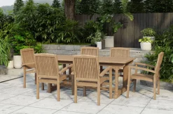 OUTFLEXX Ontario/Washington Garten-Essgruppe, natur, Teak, 195/295 x 90 cm, 6x Stapelsessel