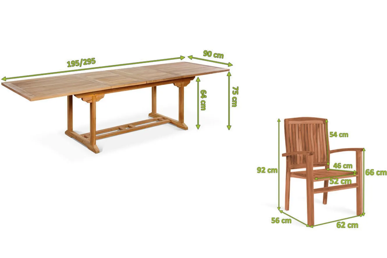 OUTFLEXX Ontario/Washington Garten-Essgruppe, natur, Teak, 195/295 x 90 cm, 6x Stapelsessel