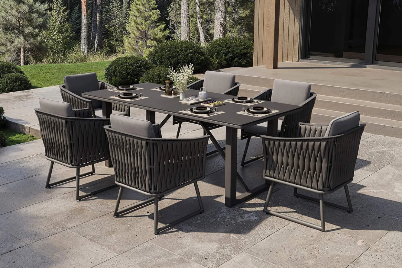 OUTFLEXX Oranger Blossom Garten-Essgruppe, anthrazit, Alu/XL Geflecht, 7-teilig, inkl. Sitz- und Rückenkissen, Tisch 200 x 90 x 76 cm