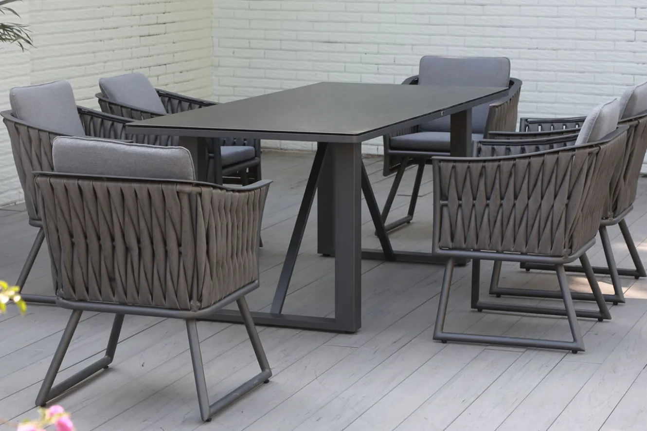 OUTFLEXX Oranger Blossom Garten-Essgruppe, anthrazit, Alu/XL Geflecht, 7-teilig, inkl. Sitz- und Rückenkissen, Tisch 200 x 90 x 76 cm