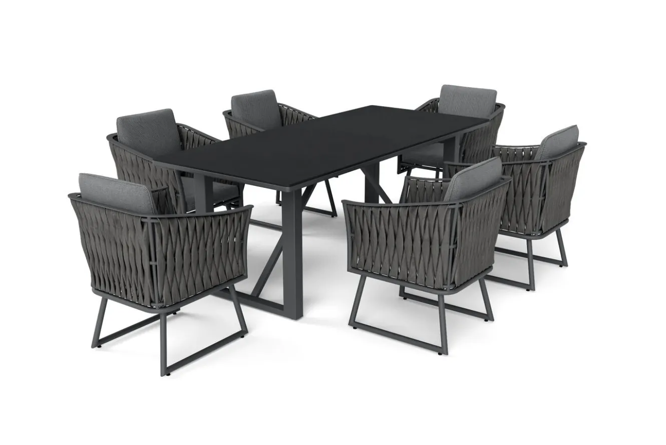 OUTFLEXX Oranger Blossom Garten-Essgruppe, anthrazit, Alu/XL Geflecht, 7-teilig, inkl. Sitz- und Rückenkissen, Tisch 200 x 90 x 76 cm