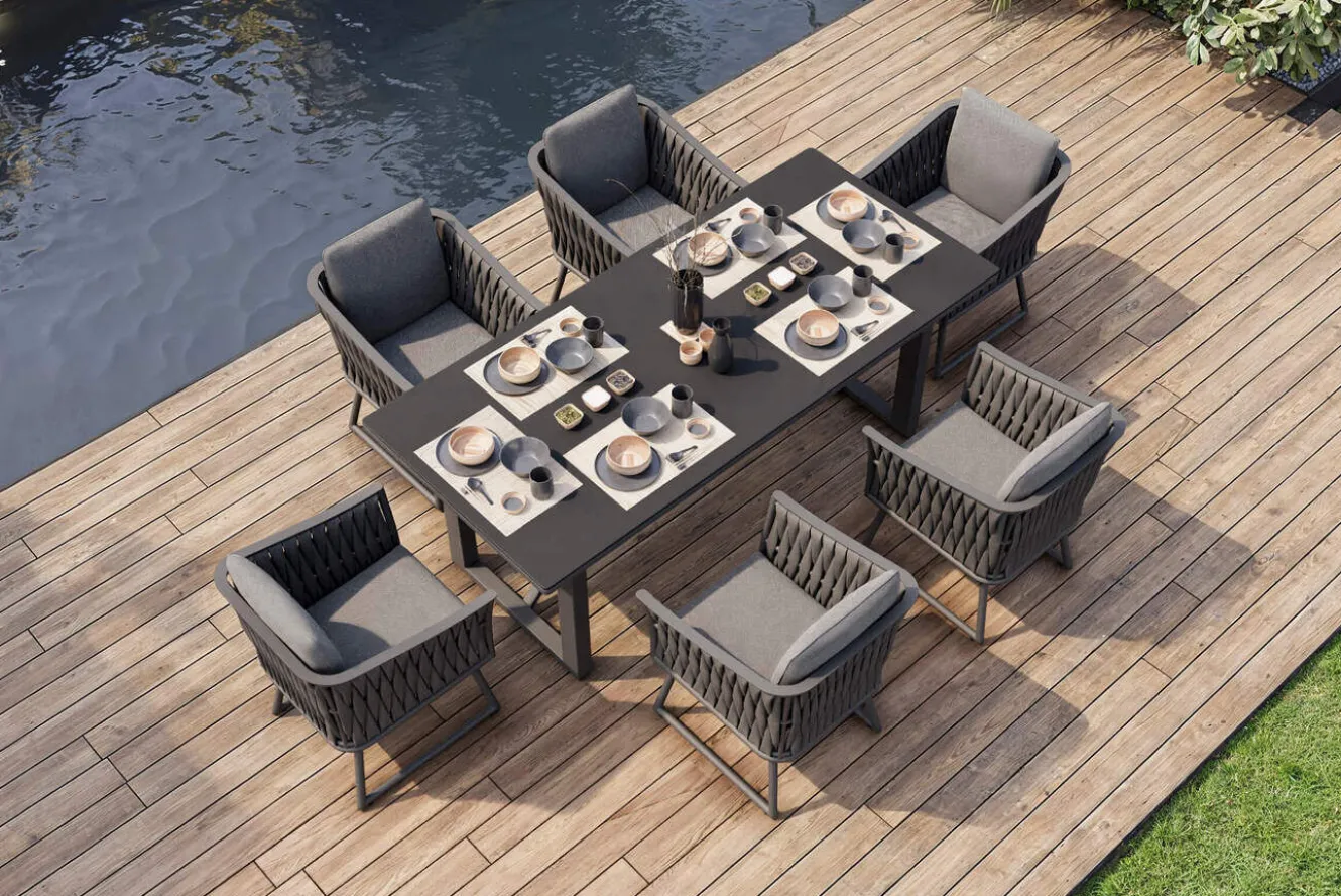 OUTFLEXX Oranger Blossom Garten-Essgruppe, anthrazit, Alu/XL Geflecht, 7-teilig, inkl. Sitz- und Rückenkissen, Tisch 200 x 90 x 76 cm