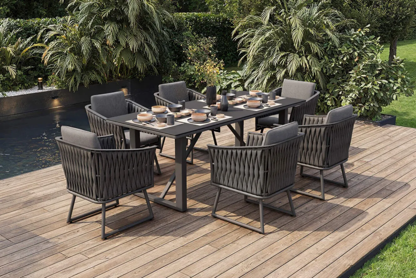OUTFLEXX Oranger Blossom Garten-Essgruppe, anthrazit, Alu/XL Geflecht, 7-teilig, inkl. Sitz- und Rückenkissen, Tisch 200 x 90 x 76 cm