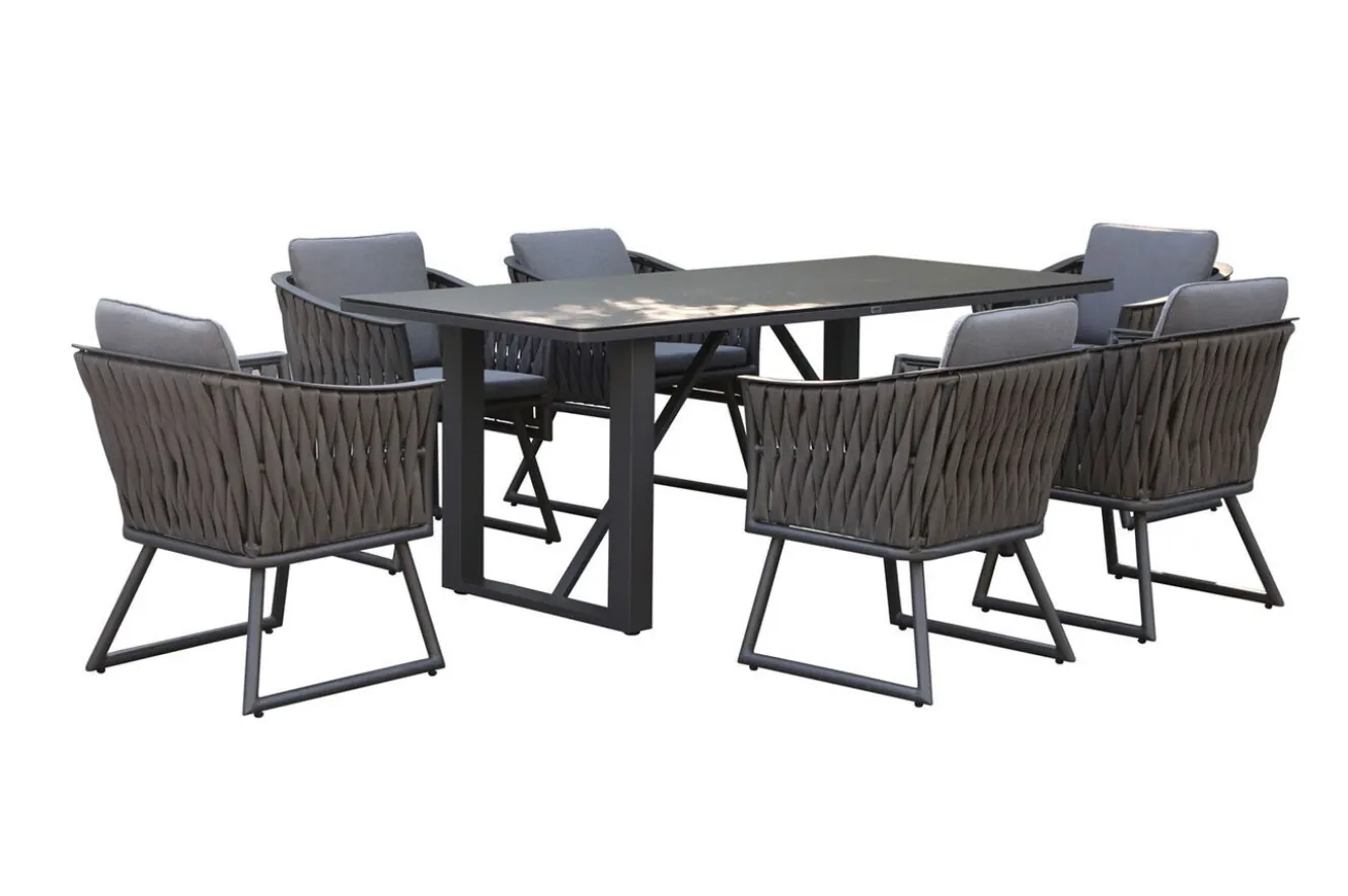 OUTFLEXX Oranger Blossom Garten-Essgruppe, anthrazit, Alu/XL Geflecht, 7-teilig, inkl. Sitz- und Rückenkissen, Tisch 200 x 90 x 76 cm