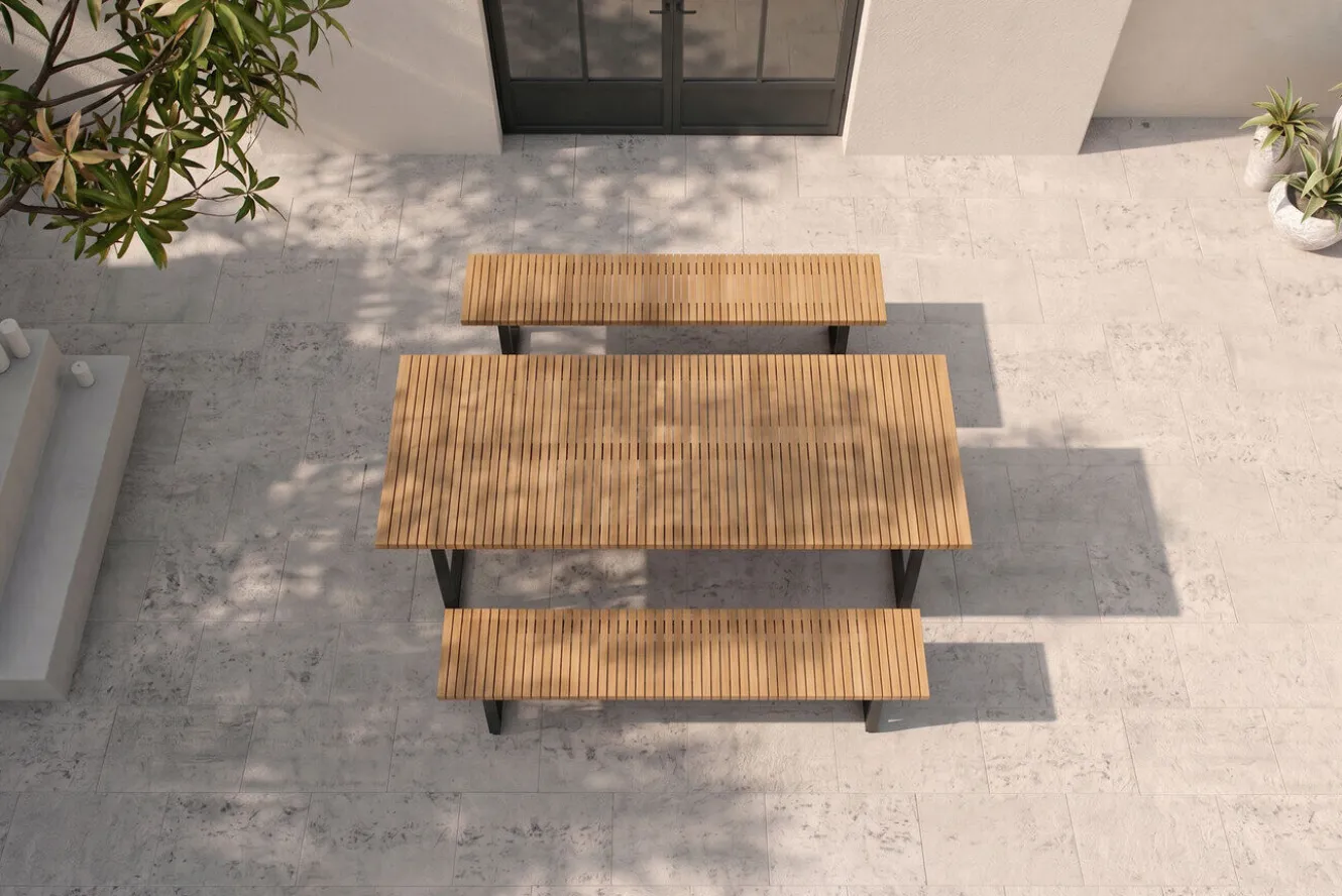 OUTFLEXX Oslo Garten-Essgruppe, 6 Personen, 2 Bänke, 210x90cm, Aluminium/Teak, FSC®-zertifiziert