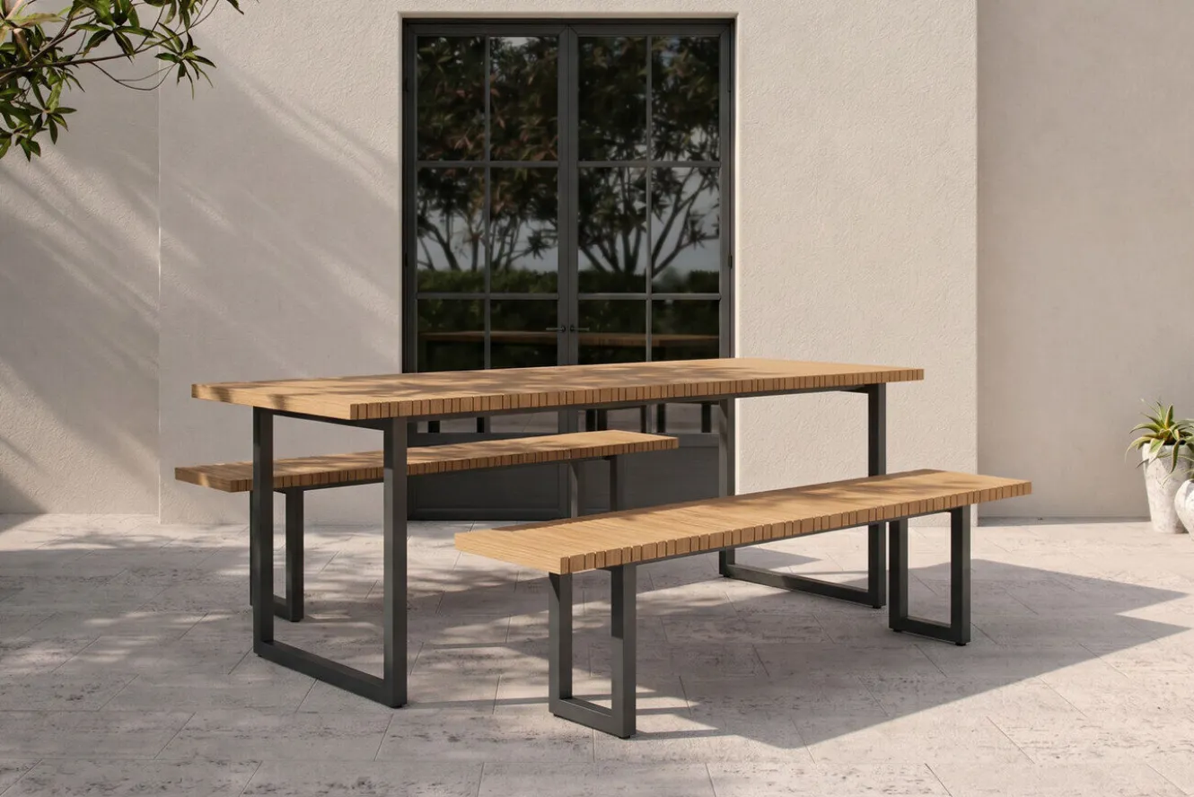 OUTFLEXX Oslo Garten-Essgruppe, 6 Personen, 2 Bänke, 210x90cm, Aluminium/Teak, FSC®-zertifiziert