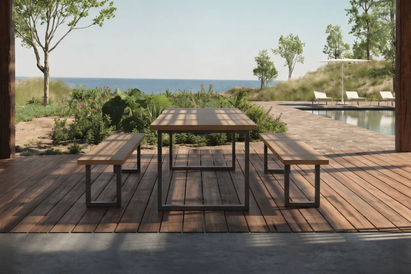 OUTFLEXX Oslo Garten-Essgruppe, 6 Personen, 2 Bänke, 210x90cm, Aluminium/Teak, FSC®-zertifiziert