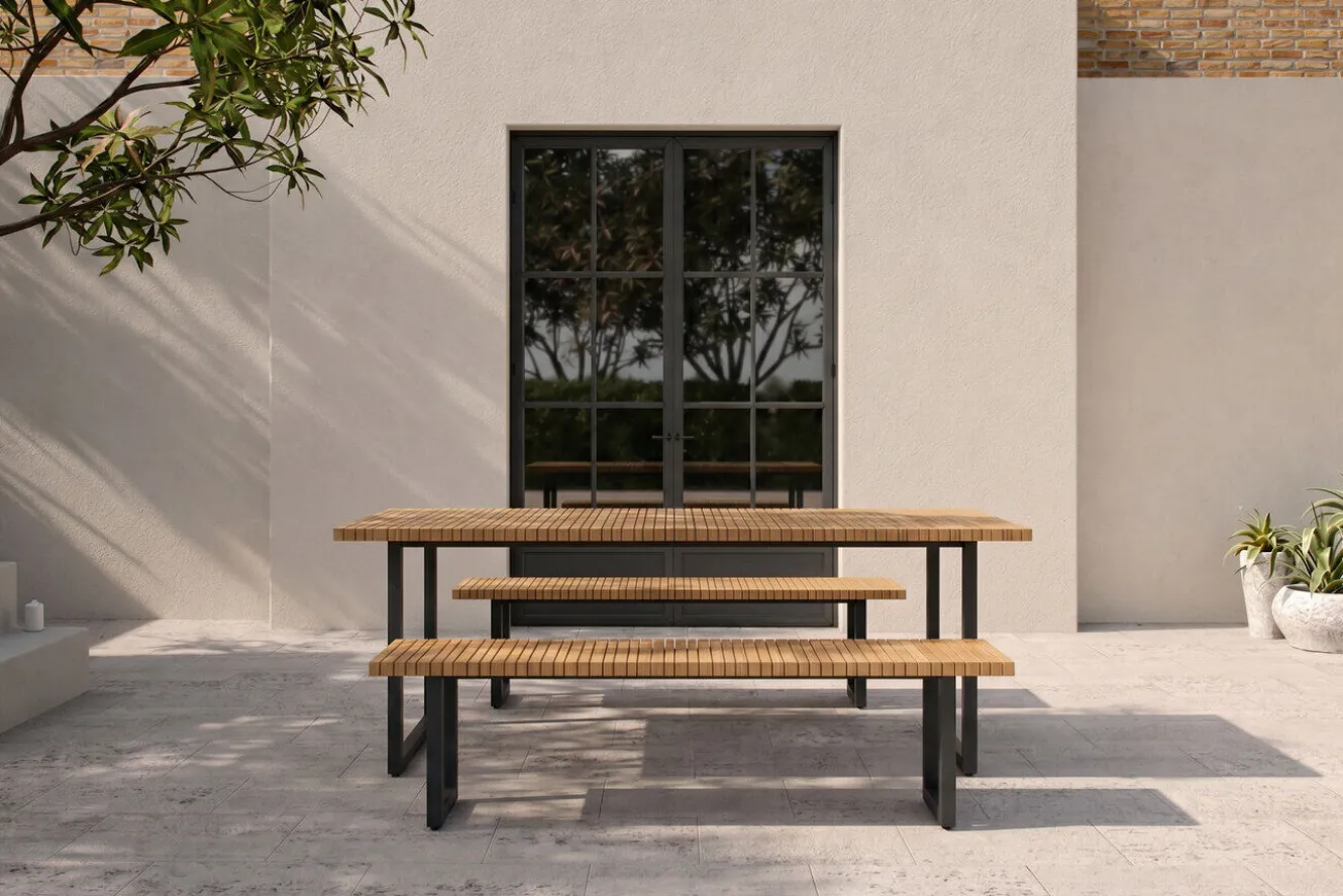OUTFLEXX Oslo Garten-Essgruppe, 6 Personen, 2 Bänke, 210x90cm, Aluminium/Teak, FSC®-zertifiziert