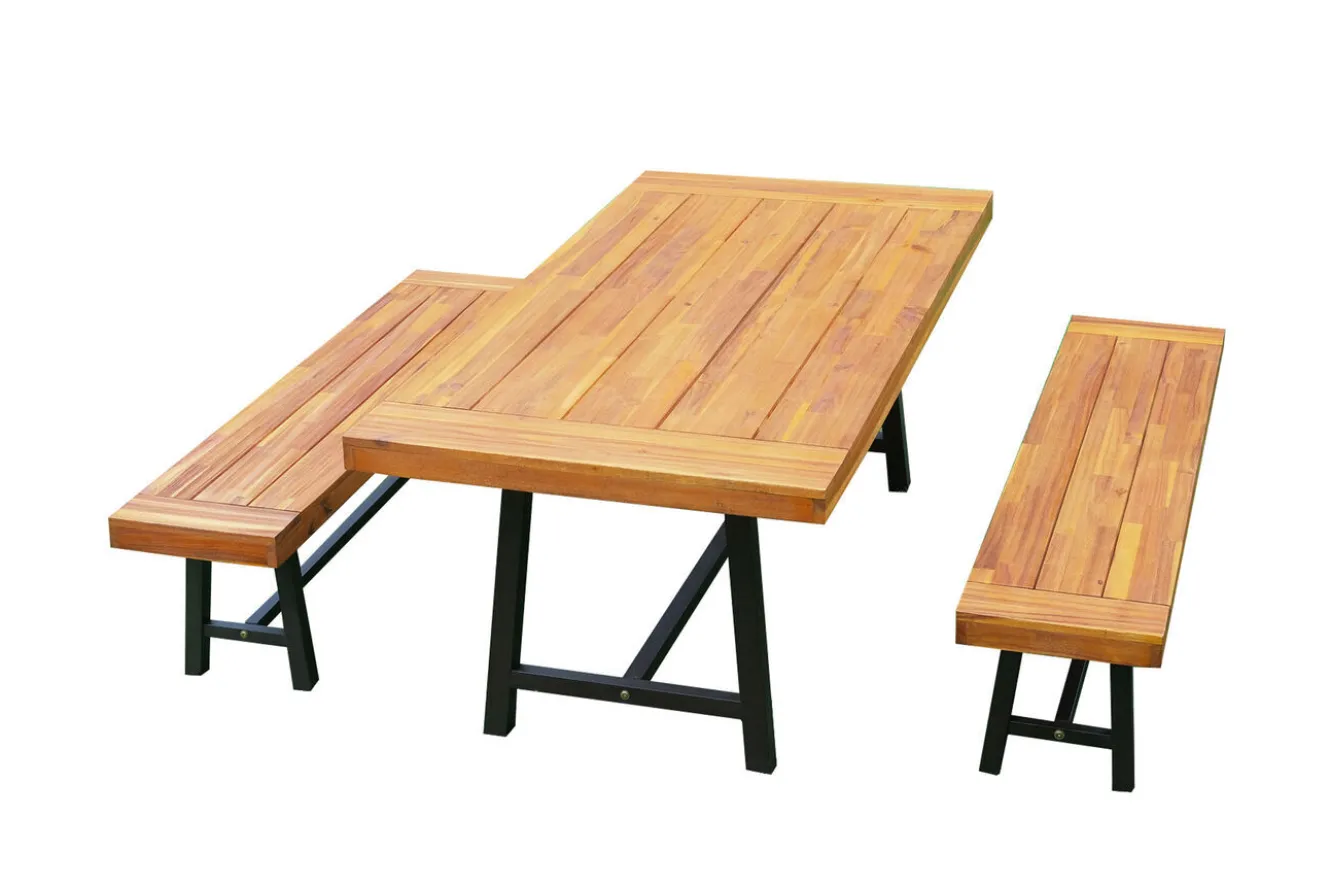 OUTFLEXX Oslo Garten-Essgruppe, natur, Akazie, Tisch 170 x 90 cm, 6 Personen, 2x Bank 160 x 35 cm, FSC®-zertifiziertes Produkt