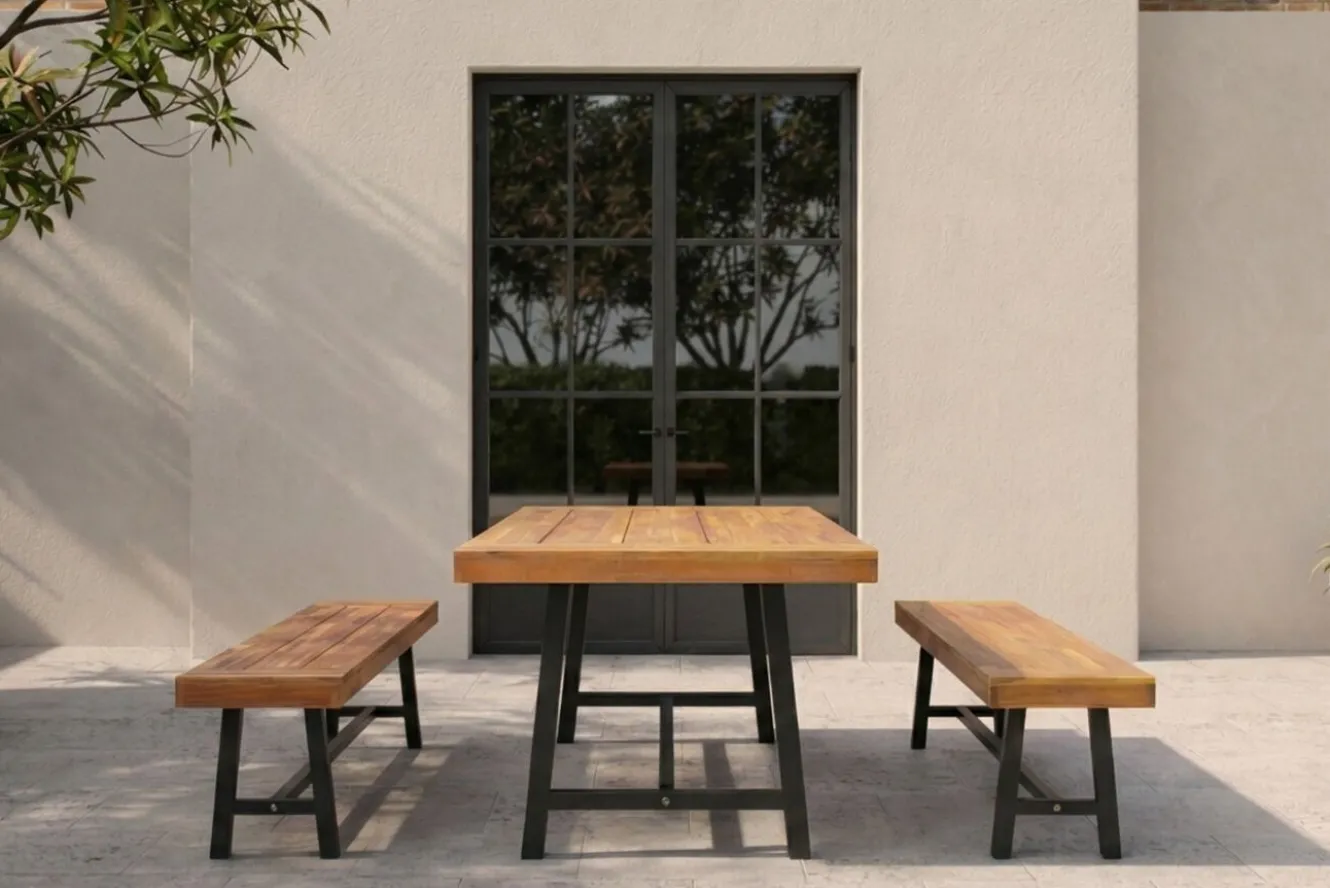 OUTFLEXX Oslo Garten-Essgruppe, natur, Akazie, Tisch 170 x 90 cm, 6 Personen, 2x Bank 160 x 35 cm, FSC®-zertifiziertes Produkt