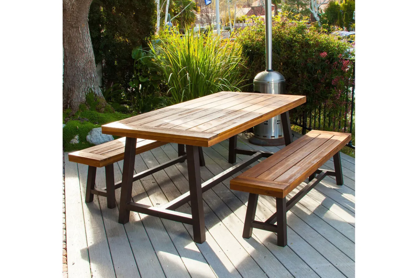 OUTFLEXX Oslo Garten-Essgruppe, natur, Akazie, Tisch 170 x 90 cm, 6 Personen, 2x Bank 160 x 35 cm, FSC®-zertifiziertes Produkt