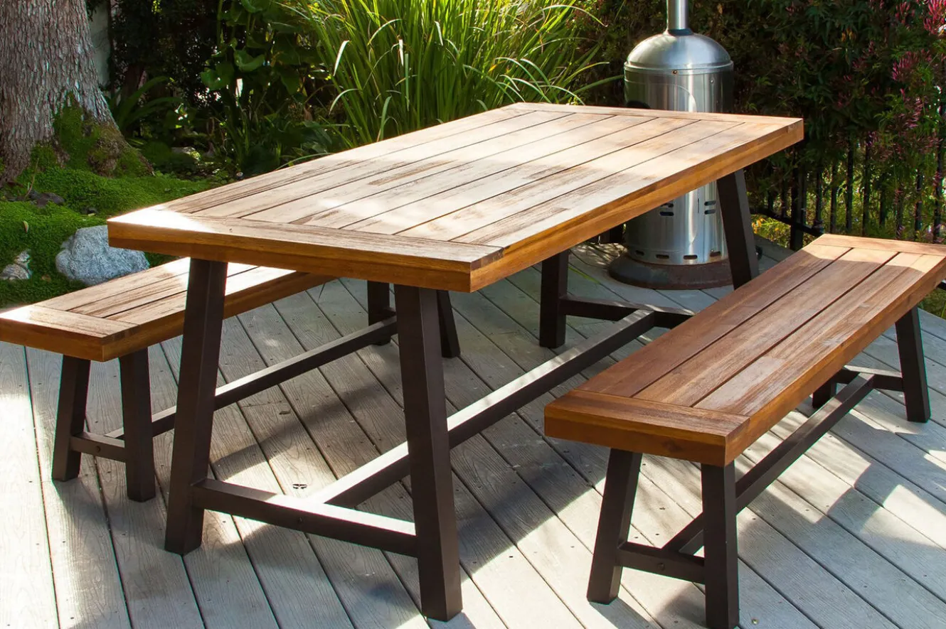 OUTFLEXX Oslo Garten-Essgruppe, natur, Akazie, Tisch 170 x 90 cm, 6 Personen, 2x Bank 160 x 35 cm, FSC®-zertifiziertes Produkt