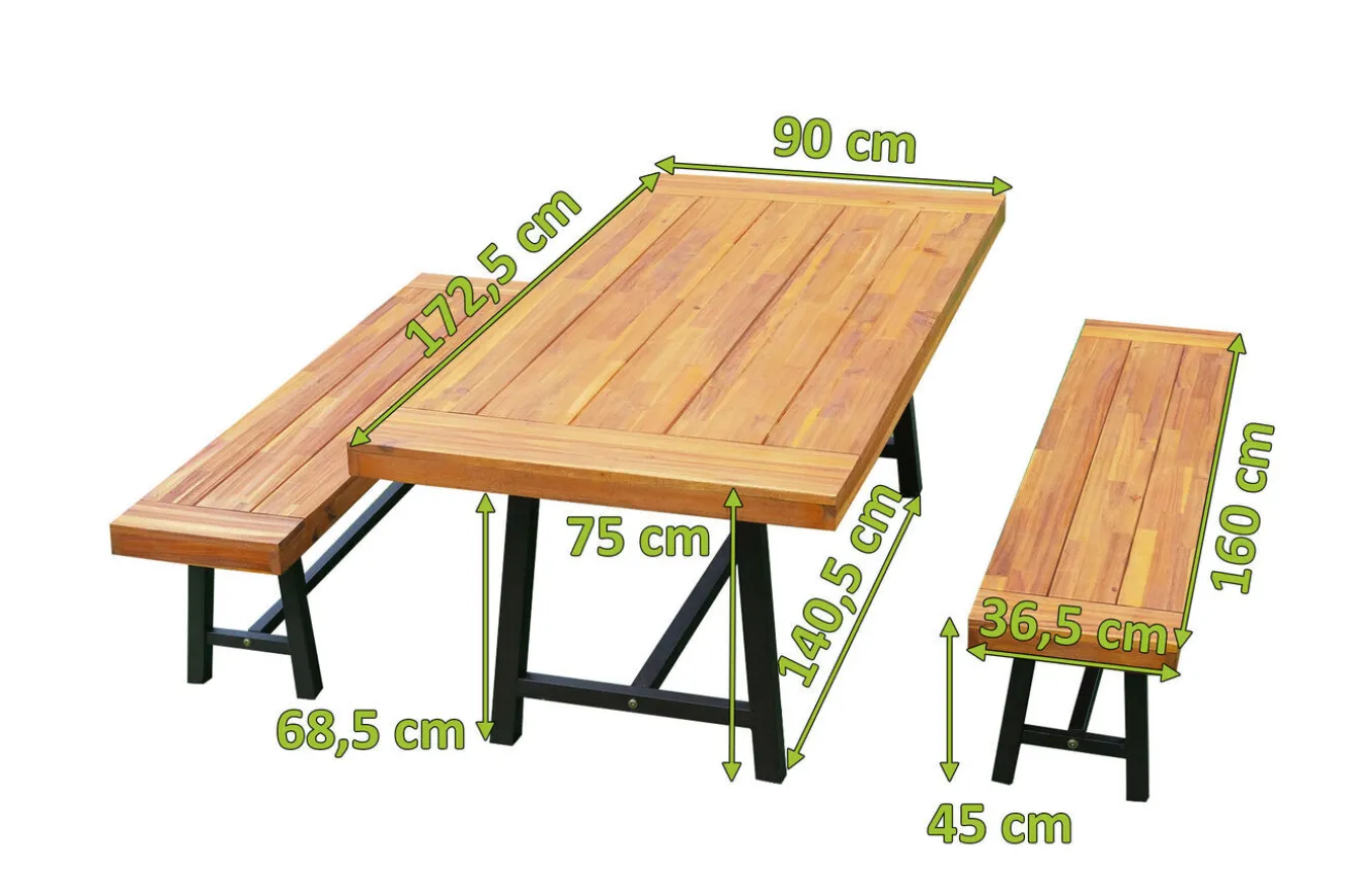 OUTFLEXX Oslo Garten-Essgruppe, natur, Akazie, Tisch 170 x 90 cm, 6 Personen, 2x Bank 160 x 35 cm, FSC®-zertifiziertes Produkt