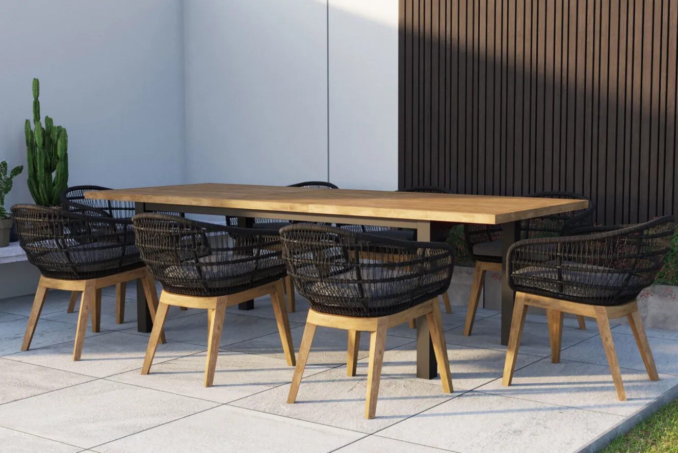 OUTFLEXX Oxford Garten-Essgruppe, anthrazit/natur, Edelstahl/recycled Teak/Rope, 200/260 x 100 cm, 8x Sessel, FSC®-zertifiziertes Produkt