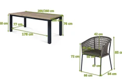 OUTFLEXX Oxford/Zui Garten-Essgruppe, anthrazit/hellgrau, Edelstahl/recycled Teak/Rope, 200/260 x 100 cm, 8x Sessel, inkl. Polster
