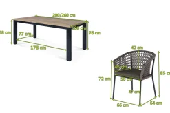 OUTFLEXX Oxford/Zui Garten-Essgruppe, anthrazit/hellgrau, Edelstahl/recycled Teak/Rope, 200/260 x 100 cm, 8x Sessel, inkl. Polster