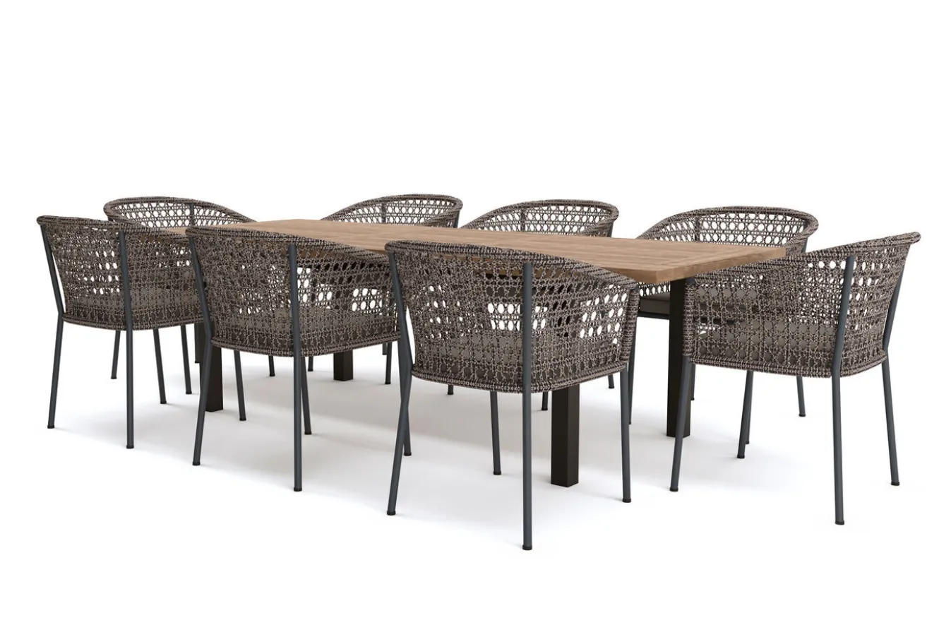 OUTFLEXX Oxford/Zui Garten-Essgruppe, anthrazit/hellgrau, Edelstahl/recycled Teak/Rope, 200/260 x 100 cm, 8x Sessel, inkl. Polster