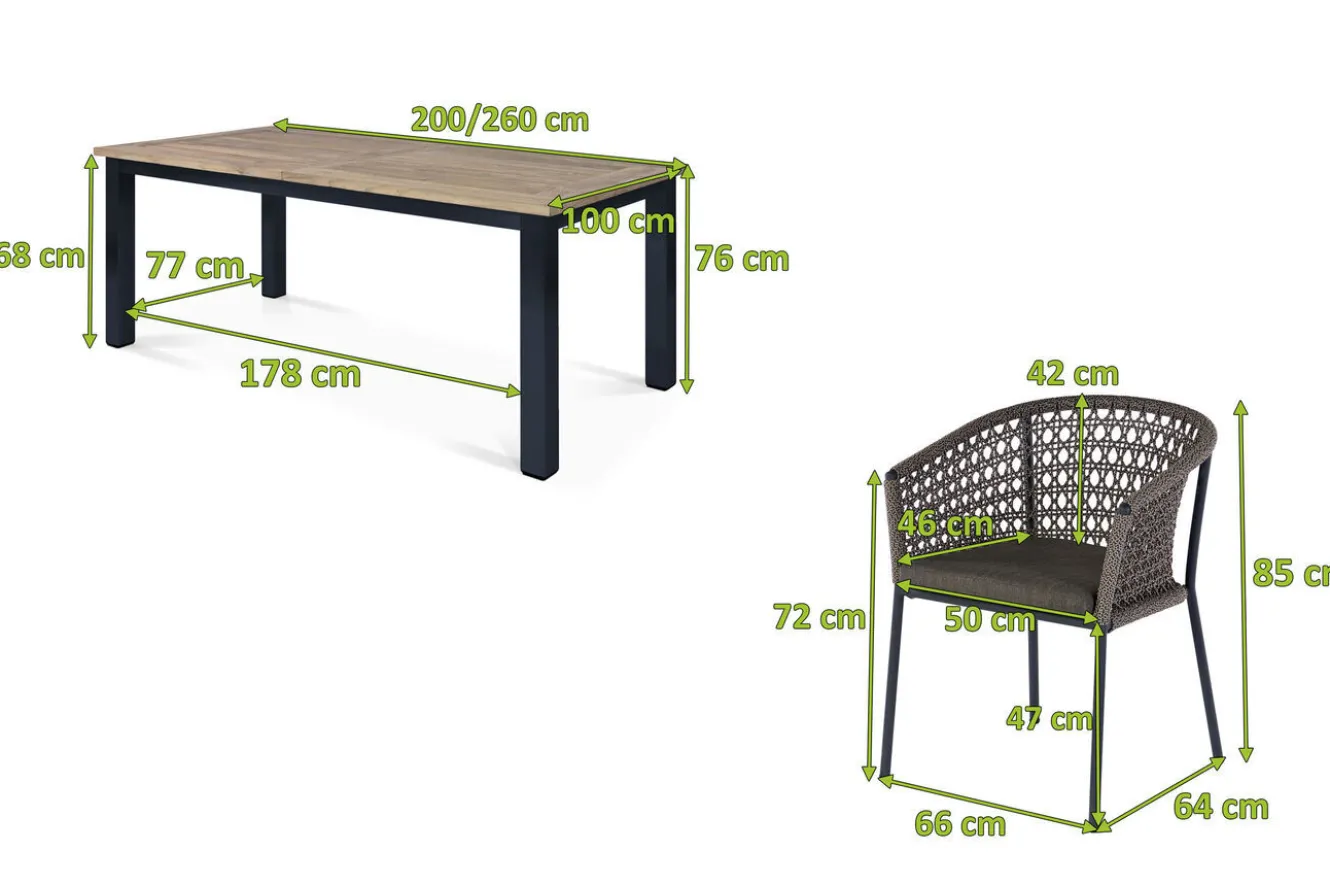 OUTFLEXX Oxford/Zui Garten-Essgruppe, anthrazit/hellgrau, Edelstahl/recycled Teak/Rope, 200/260 x 100 cm, 6x Sessel, inkl. Polster