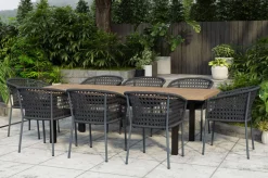 OUTFLEXX Oxford/Zui Garten-Essgruppe, anthrazit/dunkelgrau, Edelstahl/recycled Teak/Rope, 200/260 x 100 cm, 8x Sessel, inkl. Polster