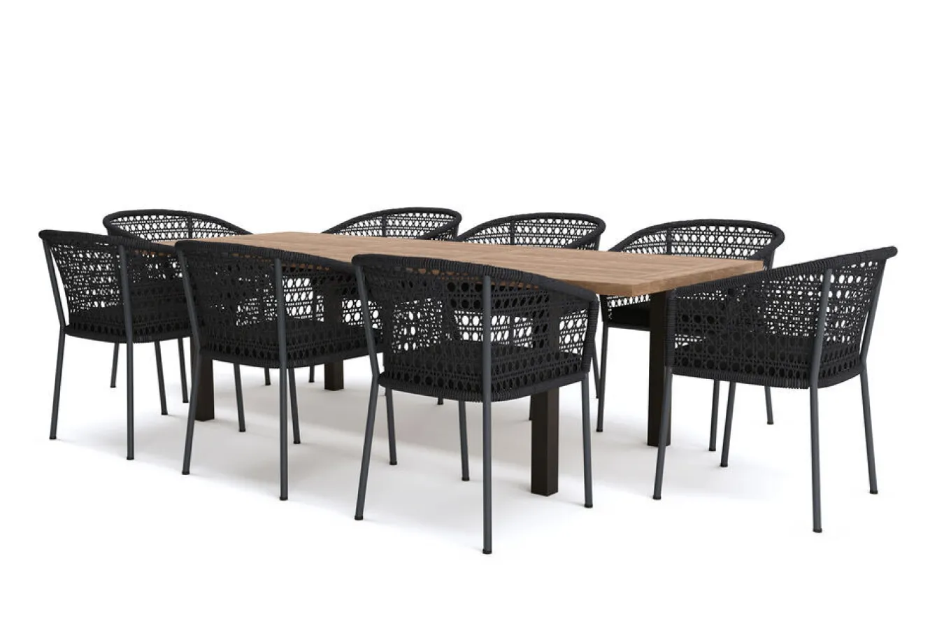 OUTFLEXX Oxford/Zui Garten-Essgruppe, anthrazit/dunkelgrau, Edelstahl/recycled Teak/Rope, 200/260 x 100 cm, 8x Sessel, inkl. Polster