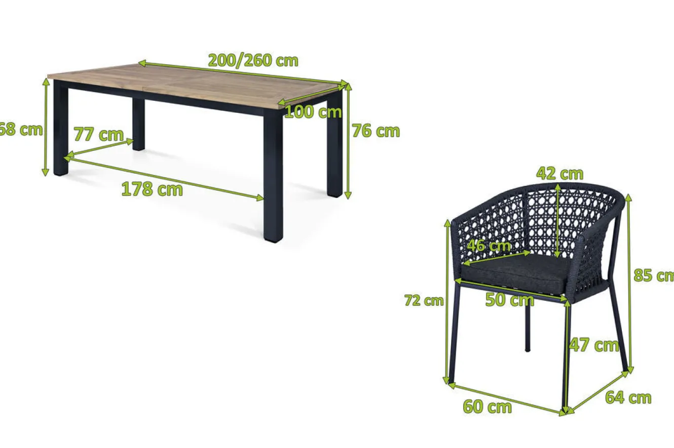 OUTFLEXX Oxford/Zui Garten-Essgruppe, anthrazit/dunkelgrau, Edelstahl/recycled Teak/Rope, 200/260 x 100 cm, 6x Sessel, inkl. Polster