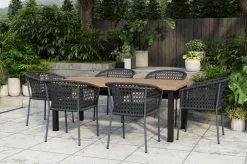 OUTFLEXX Oxford/Zui Garten-Essgruppe, anthrazit/dunkelgrau, Edelstahl/recycled Teak/Rope, 200/260 x 100 cm, 6x Sessel, inkl. Polster