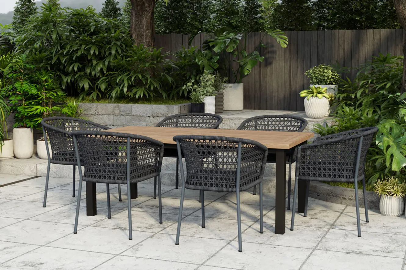 OUTFLEXX Oxford/Zui Garten-Essgruppe, anthrazit/dunkelgrau, Edelstahl/recycled Teak/Rope, 200/260 x 100 cm, 6x Sessel, inkl. Polster