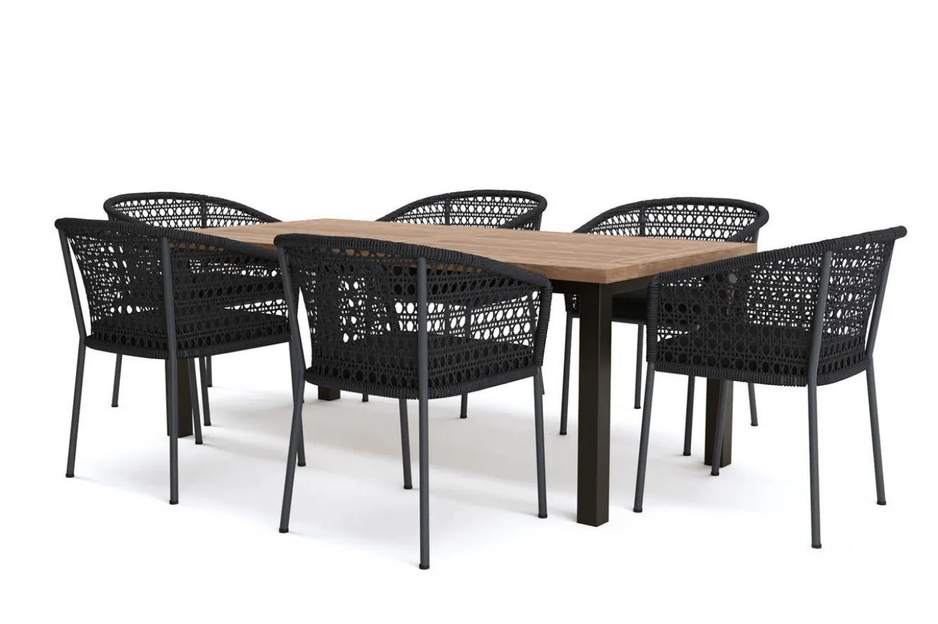 OUTFLEXX Oxford/Zui Garten-Essgruppe, anthrazit/dunkelgrau, Edelstahl/recycled Teak/Rope, 200/260 x 100 cm, 6x Sessel, inkl. Polster