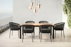OUTFLEXX Oxford/Zui Garten-Essgruppe, anthrazit/dunkelgrau, Edelstahl/recycled Teak/Rope, 200/260 x 100 cm, 6x Sessel, inkl. Polster
