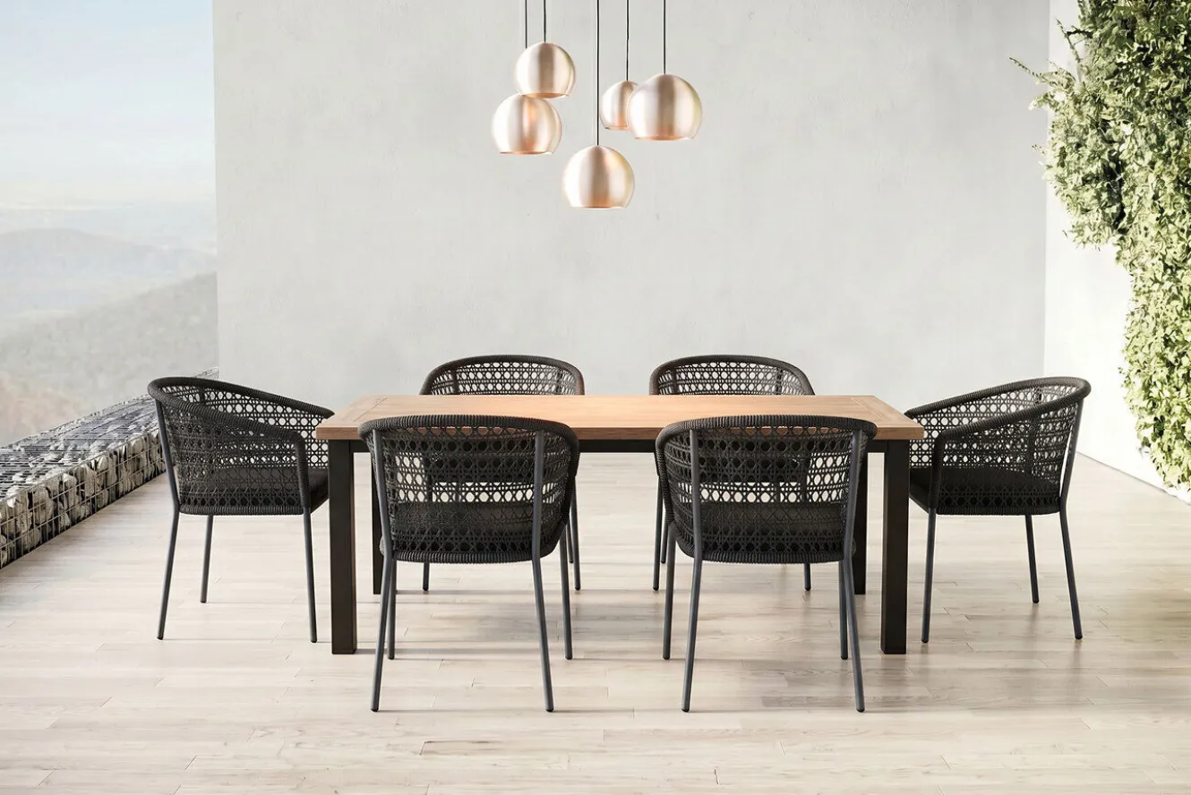 OUTFLEXX Oxford/Zui Garten-Essgruppe, anthrazit/dunkelgrau, Edelstahl/recycled Teak/Rope, 200/260 x 100 cm, 6x Sessel, inkl. Polster