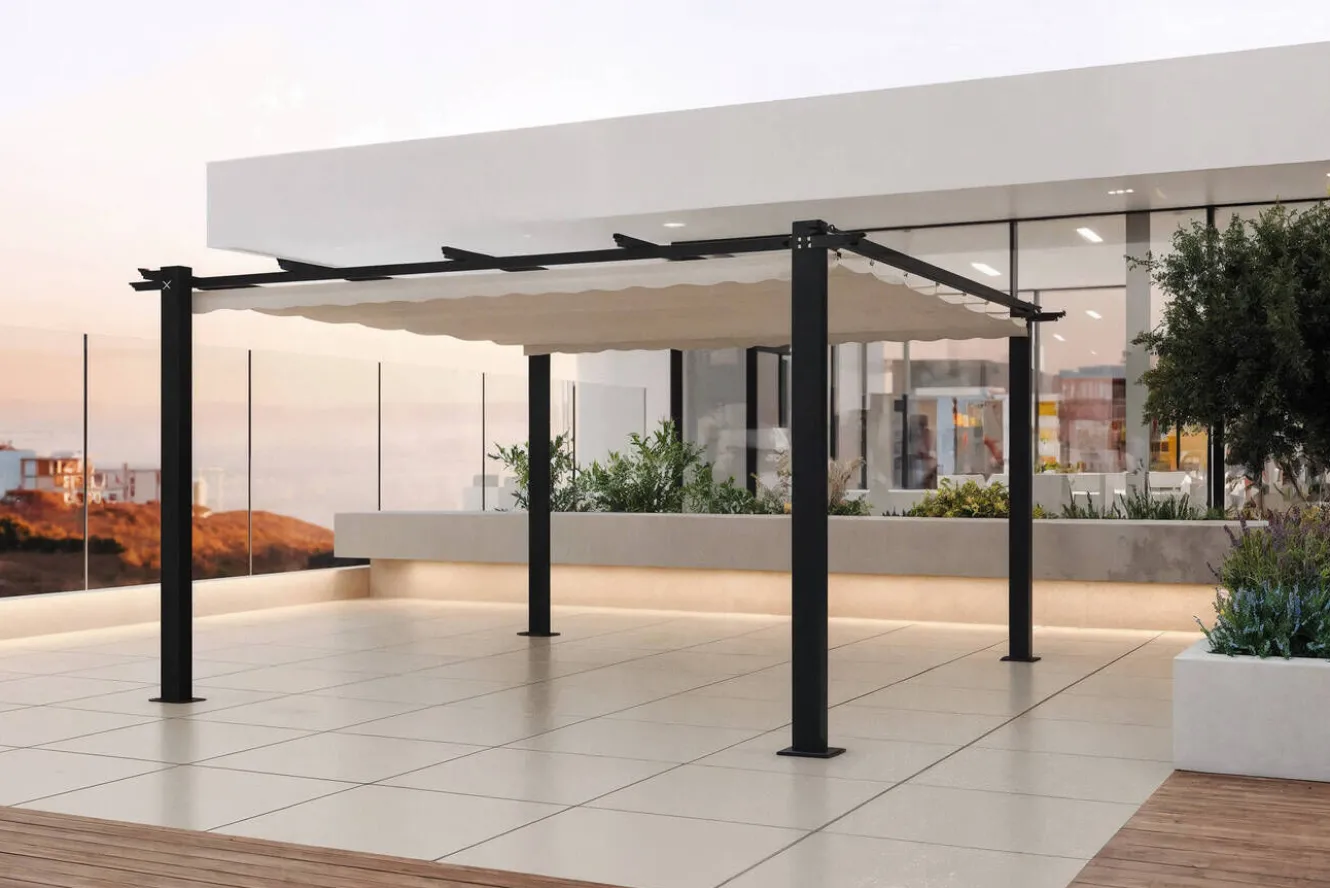 OUTFLEXX Pergola, faltbares Stoffdach 4 x 4 m, Aluminium/Polyester, Anthrazit/Creme, UV-Schutz 30+