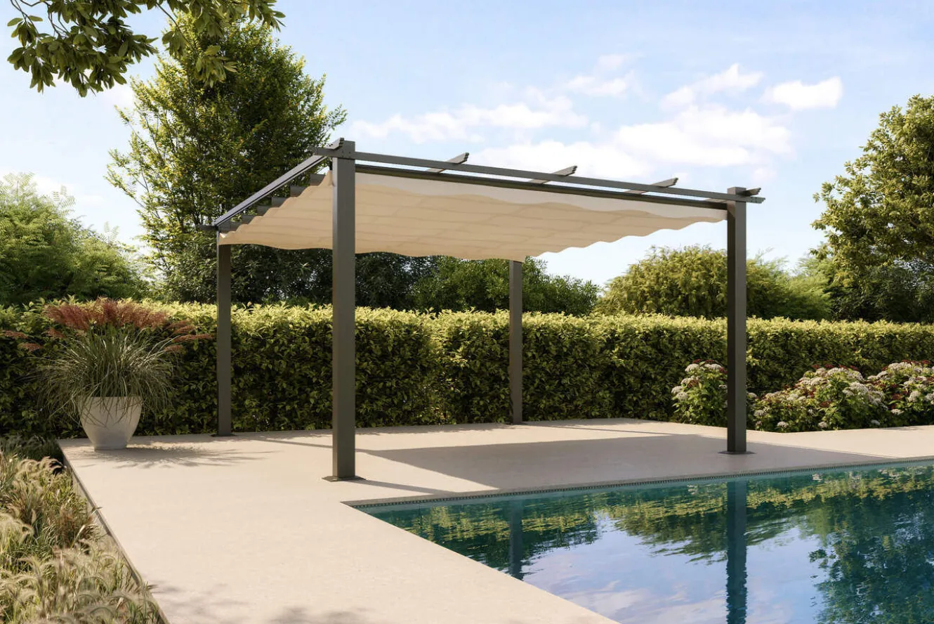 OUTFLEXX Pergola, faltbares Stoffdach 4 x 4 m, Aluminium/Polyester, Anthrazit/Creme, UV-Schutz 30+