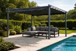 OUTFLEXX Pergola mit faltbarem Stoffdach, Anthrazit, Aluminium/Polyester, 4 x 4 m, Air-Vent System, UV-beständig