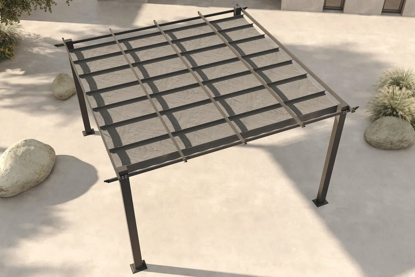 OUTFLEXX Pergola mit faltbarem Stoffdach, Anthrazit, Aluminium/Polyester, 4 x 4 m, Air-Vent System, UV-beständig