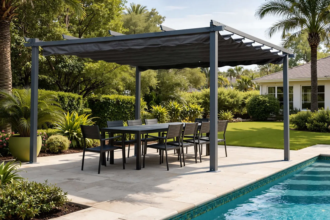 OUTFLEXX Pergola mit faltbarem Stoffdach, Anthrazit, Aluminium/Polyester, 4 x 4 m, Air-Vent System, UV-beständig