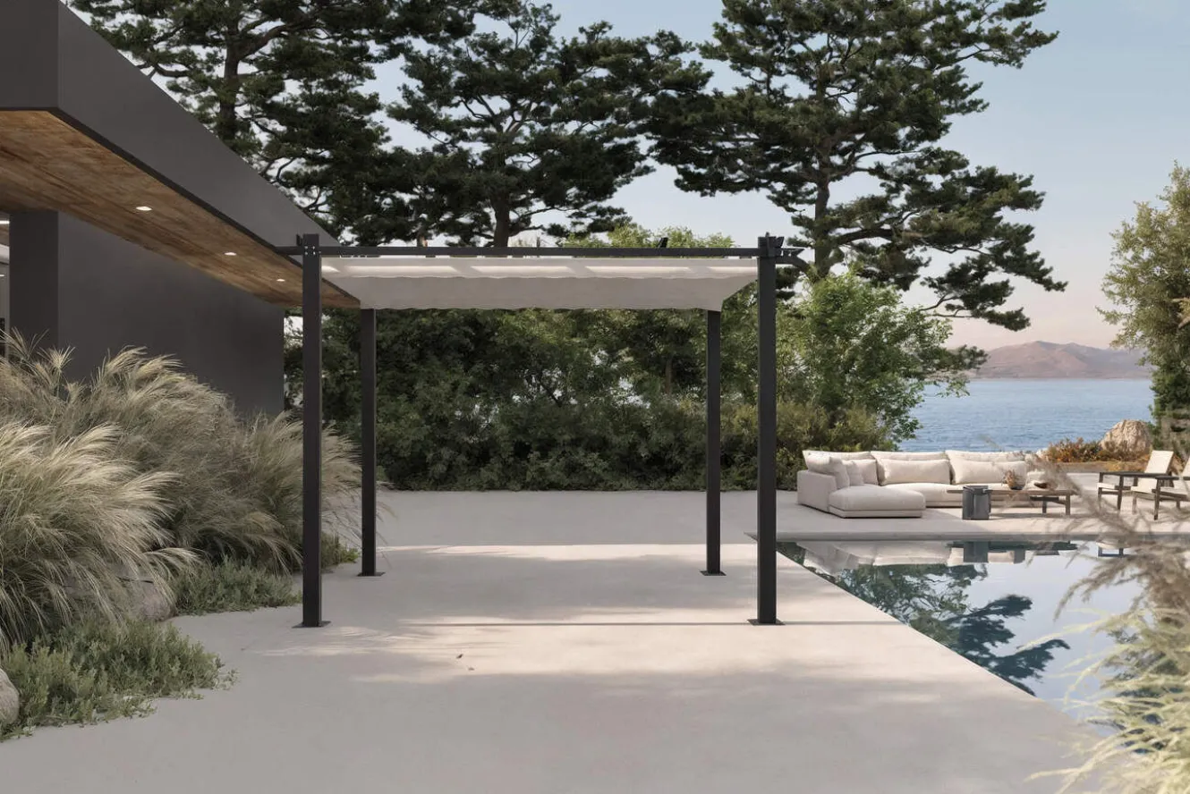 OUTFLEXX Pergola mit faltbarem Stoffdach, Anthrazit/Creme, Aluminium/Polyester, 3 x 3 m, Air-Vent System, UV-Schutz 30+