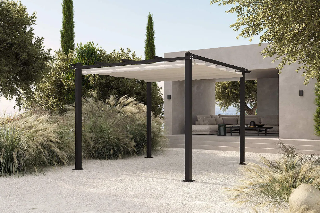 OUTFLEXX Pergola mit faltbarem Stoffdach, Anthrazit/Creme, Aluminium/Polyester, 3 x 3 m, Air-Vent System, UV-Schutz 30+