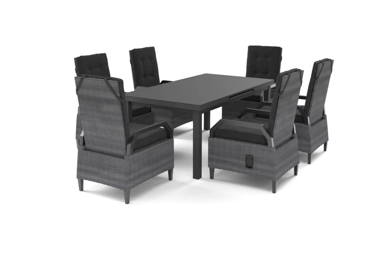 OUTFLEXX Porto Garten-Essgruppe, anthrazit/grau, Alu/Polyrattan, ausziehbarer Tisch 180/240 x 100 cm, verstellbare Rückenlehne inkl. Polster
