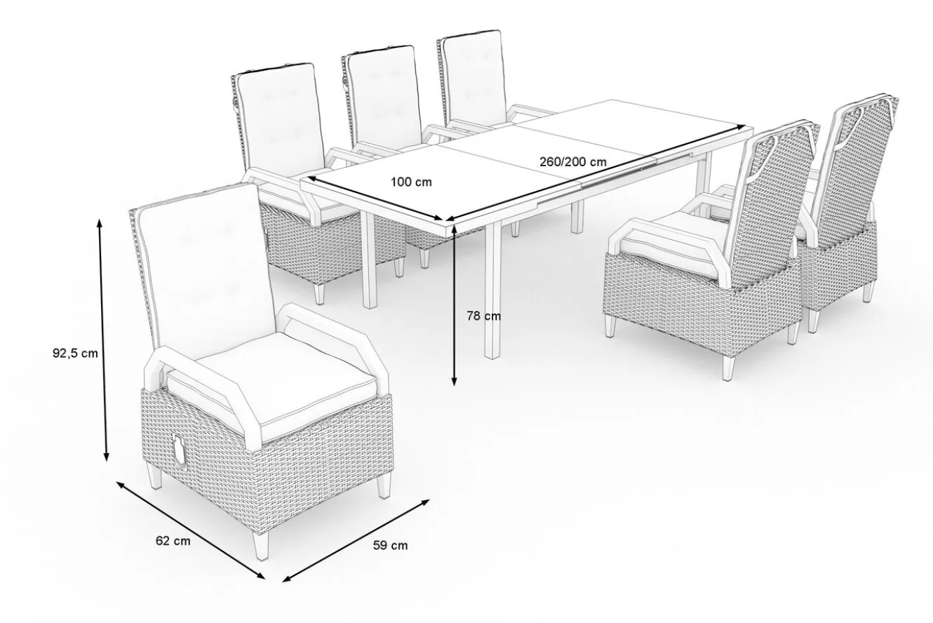 OUTFLEXX Porto Garten-Essgruppe, anthrazit/grau, Alu/Polyrattan, ausziehbarer Tisch 180/240 x 100 cm, verstellbare Rückenlehne inkl. Polster