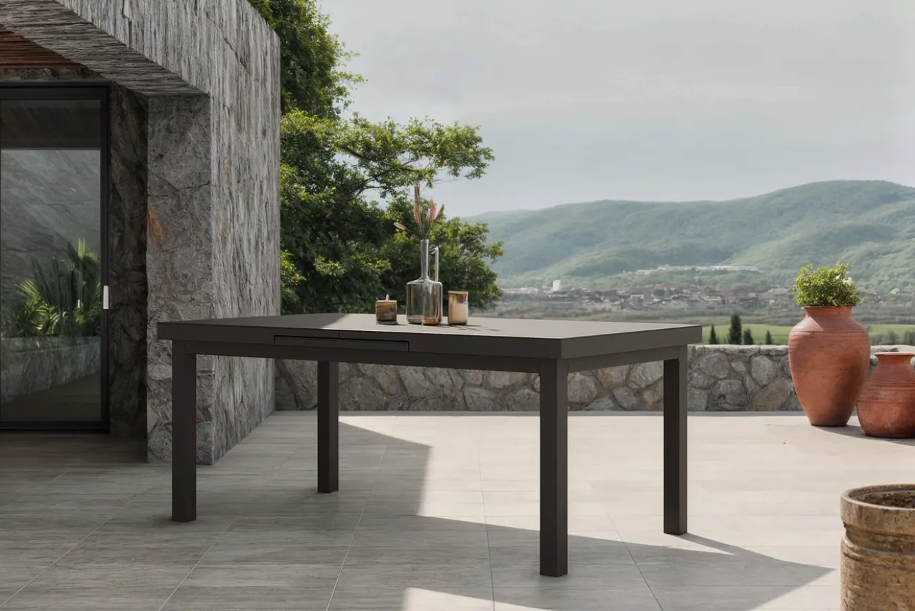 OUTFLEXX Premium Ausziehtisch, anthrazit/grau, Alu/Sicherheitsglas, 180/240x100cm, automatischer Ausziehmechanismus