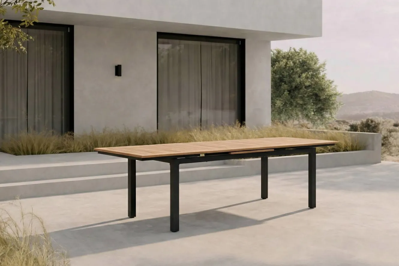 OUTFLEXX Premium Ausziehtisch, anthrazit matt, Alu/Teak, 180/240x100cm, automatischer Ausziehmechanismus