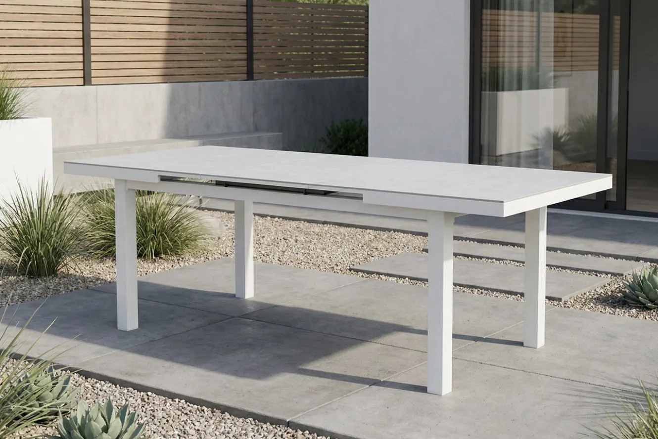 OUTFLEXX Premium Ausziehtisch, weiß, Alu/Glas, 180/240 x 100 cm, witterungsbeständig, hohe Belastbarkeit