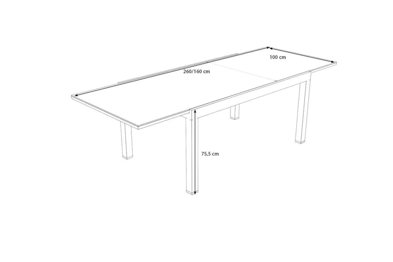 OUTFLEXX Premium Ausziehtisch, anthrazit matt, Alu/Spraystone, Tischplatte 160/260 x 100 cm, pulverbeschichtet, höhenverstellbare Füße