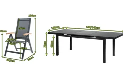 OUTFLEXX Premium Garten-Essgruppe, OUTFLEXX® anthrazit matt, Alu / Glas / Teak, Tisch 180/240x100cm, 8 Klappstühle