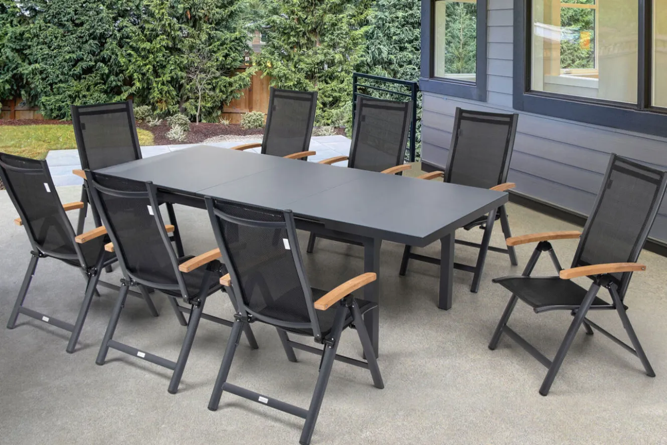 OUTFLEXX Premium Garten-Essgruppe, OUTFLEXX® anthrazit matt, Alu / Glas / Teak, Tisch 180/240x100cm, 8 Klappstühle